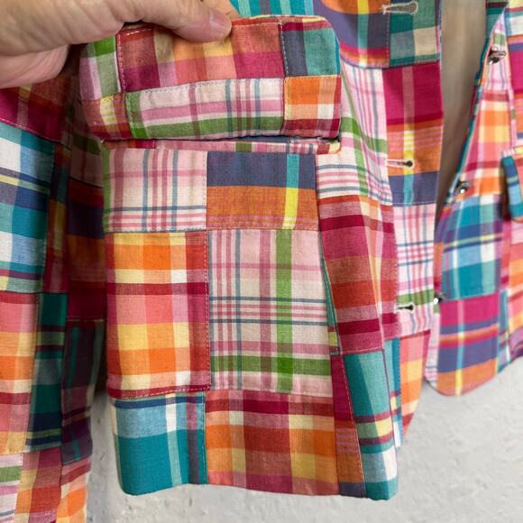 SAM TY Blazer 6 Madras‎ Plaid Patchwork Cotton Crystal Buttons Lined Preppy - Picture 10 of 14